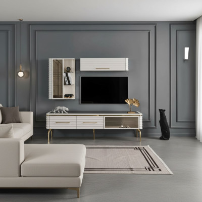 Bílá stěnná jednotka Designérská televizní skříň Luxus 2x zavěšené skříně Moderní nábytek