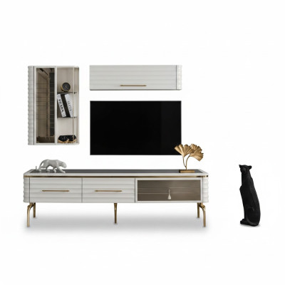 Bílá stěnná jednotka Designérská televizní skříň Luxus 2x zavěšené skříně Moderní nábytek