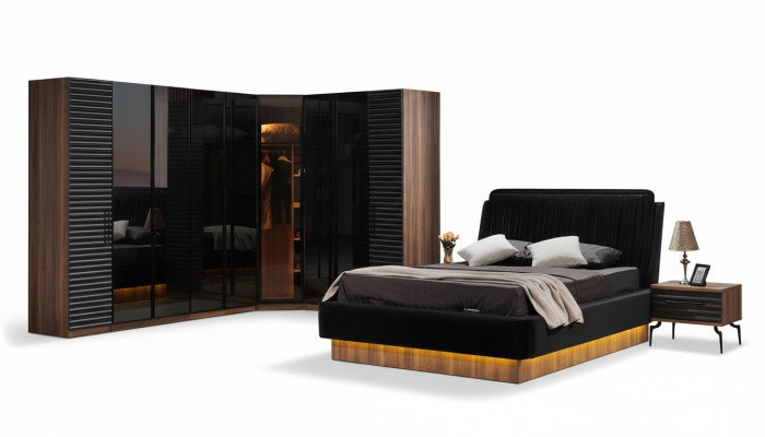 Braun-Schwarzes Schlafzimmer Set Komplette Garnitur Bett 2x Nachttische