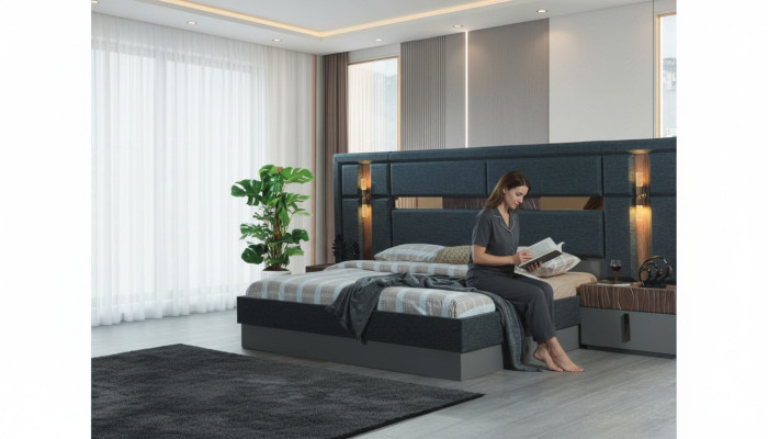 Dunkel-Graues Doppelbett Designer Holz Nachttische Schlafzimmergarnitur