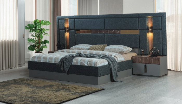Dunkel-Graues Doppelbett Designer Holz Nachttische Schlafzimmergarnitur