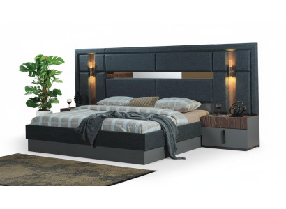 Dunkel-Graues Doppelbett Designer Holz Nachttische Schlafzimmergarnitur