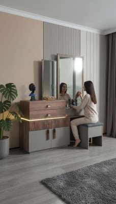 Braun-Graue Schlafzimmer Möbel Luxus Kommode Mit Spiegel Polsterhocker