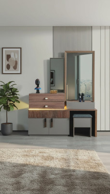 Braun-Graue Schlafzimmer Möbel Luxus Kommode Mit Spiegel Polsterhocker