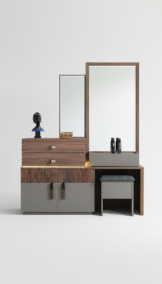Braun-Graue Schlafzimmer Möbel Luxus Kommode Mit Spiegel Polsterhocker