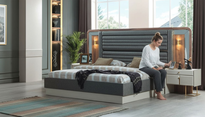 Graue Betten Designer Schlafzimmer Doppelbett 2x Holz Nachttische 3tlg