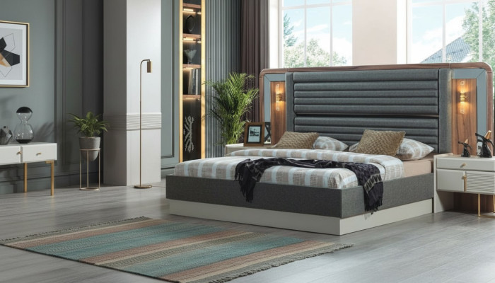 Graue Betten Designer Schlafzimmer Doppelbett 2x Holz Nachttische 3tlg