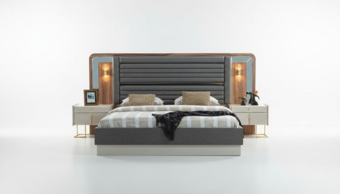 Graue Betten Designer Schlafzimmer Doppelbett 2x Holz Nachttische 3tlg
