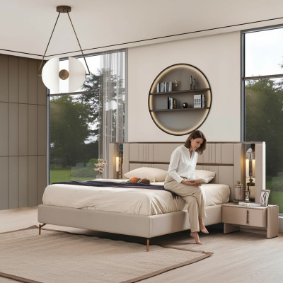 Luxuriöses Schlafzimmer Beiges Doppelbett 2x Nachttische Moderne Möbel