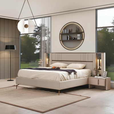 Luxuriöses Schlafzimmer Beiges Doppelbett 2x Nachttische Moderne Möbel