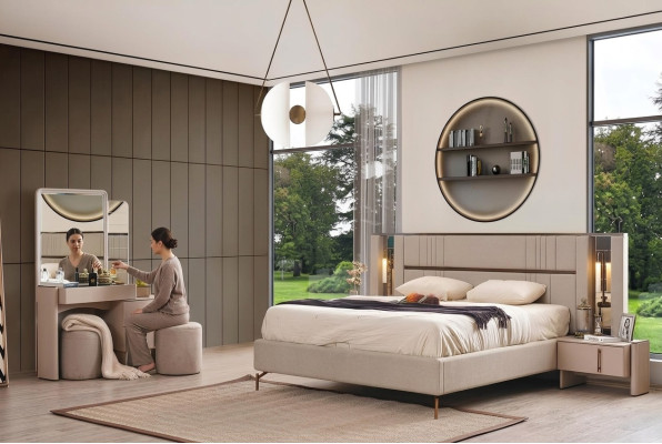 Moderne Schlafzimmer Möbel Beiges Doppelbett 2x Nachttische Schminktisch