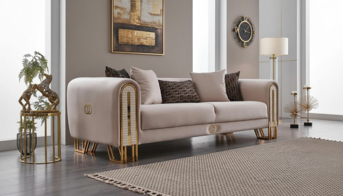 Luxus Sofa Couch Gold Metall Dreisitzer Couchen Polster Dreisitzer Stoff