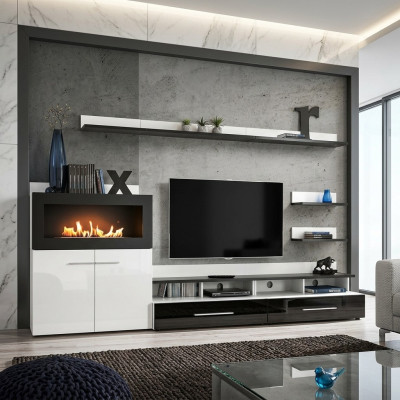 Wohnwand TV-Ständer Kommode mit eingebautem Kamin Designer Möbel Moderne