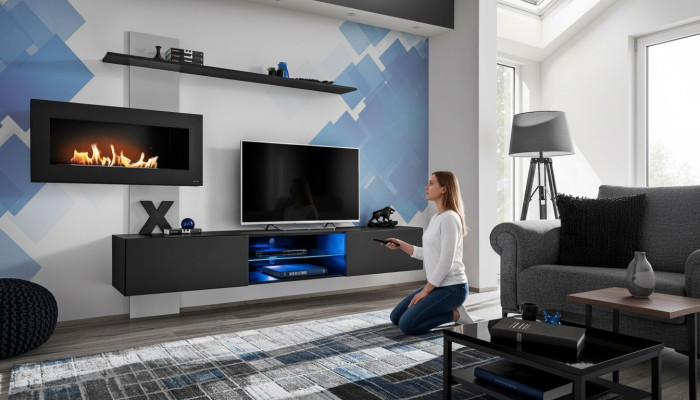 Černá stěnová jednotka s krbem, obývací pokoj, designérový moderní nábytek, TV stojan.