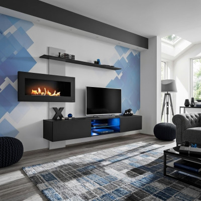 Černá stěnová jednotka s krbem, obývací pokoj, designérový moderní nábytek, TV stojan.