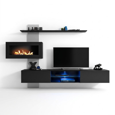 Černá stěnová jednotka s krbem, obývací pokoj, designérový moderní nábytek, TV stojan.