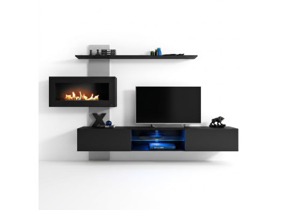 Černá stěnová jednotka s krbem, obývací pokoj, designérový moderní nábytek, TV stojan.