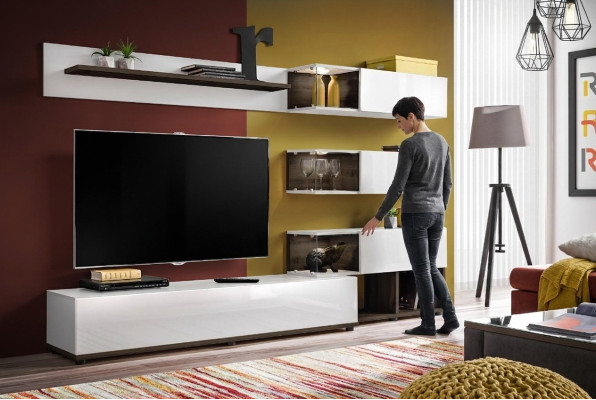 Wohnwand Design Wandregal TV-Ständer Regal Wohnzimmer Holz Einrichtung