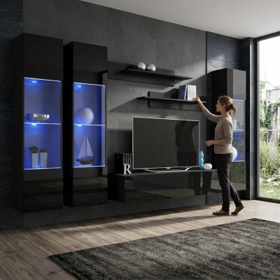 Wohnzimmer Garnitur 6 tlg Wohnwand Lowboard TV-Ständer Hänge Vitrine Holzmöbel