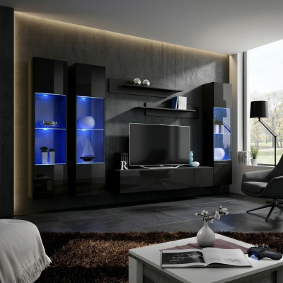 Wohnzimmer Garnitur 6 tlg Wohnwand Lowboard TV-Ständer Hänge Vitrine Holzmöbel