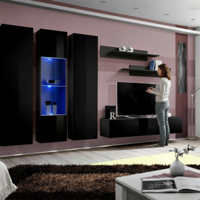 Wohnwand Set 6 tlg Luxus Wohnzimmer TV Ständer Holz Wandregal Wandschrank Neu