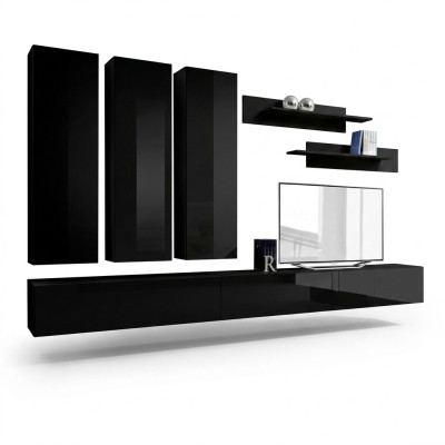 Komplett Set 7 tlg Schwarz Wohnwand Wandschrank Holzmöbel Luxus Möbel Neu