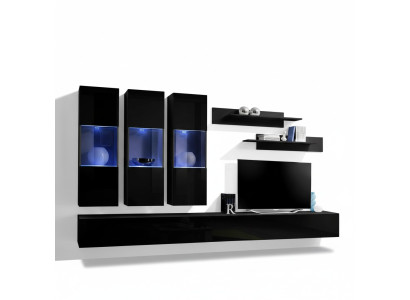 Set 7 tlg Wohnwand Holzmöbel 2x TV Ständer Moderne Wand Regale Schwarz