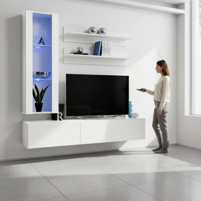 Kompletní set nábytku pro design TV stojanu se skládá z 4 kusů - nízký stolek, zavěšená vitrína.