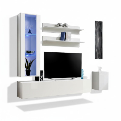 Kompletní set nábytku pro design TV stojanu se skládá z 4 kusů - nízký stolek, zavěšená vitrína.
