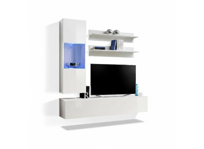 Nábytek do obývacího pokoje: sestava TV stanice, nízká skříňka, designová nástěnná vitrína, dřevěné zařízení.