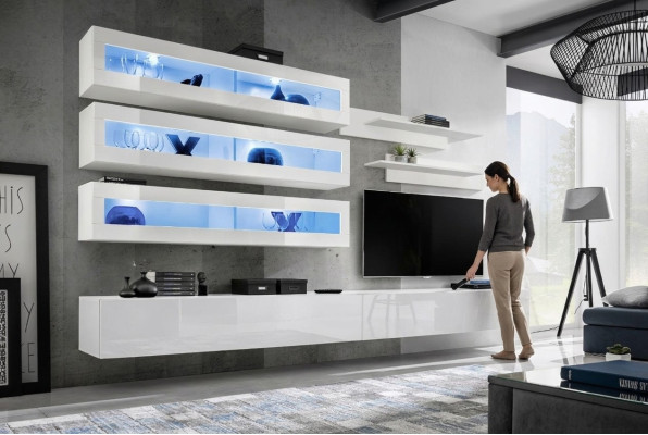 Sada do obývacího pokoje 7 kusů v designovém stylu: obývací stěna, TV stojan, 2x závěsné regály.