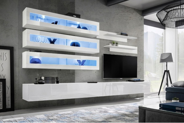 Sada do obývacího pokoje 7 kusů v designovém stylu: obývací stěna, TV stojan, 2x závěsné regály.