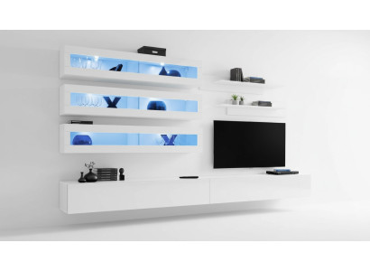 Sada do obývacího pokoje 7 kusů v designovém stylu: obývací stěna, TV stojan, 2x závěsné regály.