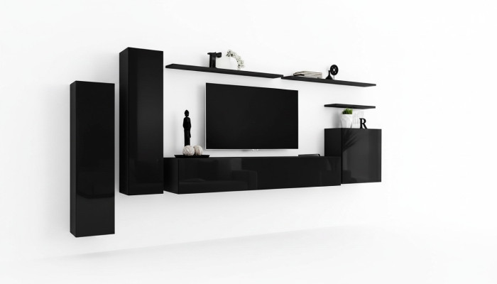 Komplette Set 7tlg Schwarz Wohnwand TV Ständer Wohnzimmer Designer Wandschrank