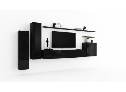 Komplette Set 7tlg Schwarz Wohnwand TV Ständer Wohnzimmer Designer Wandschrank
