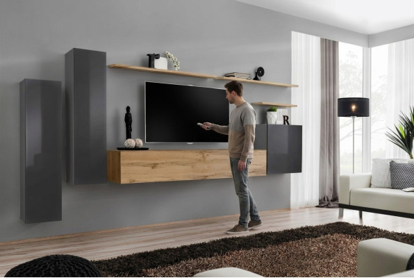 Designer Wohnwand Möbel Wohnzimmer Luxus TV Ständer Holz Wandregal Komplett Neu
