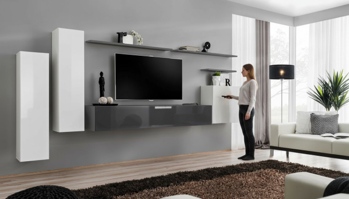 Sada 7 kusů obývacího pokoje TV stojan skříň stěnná skříň stěnové jednotky dřevo Moderní nábytek
