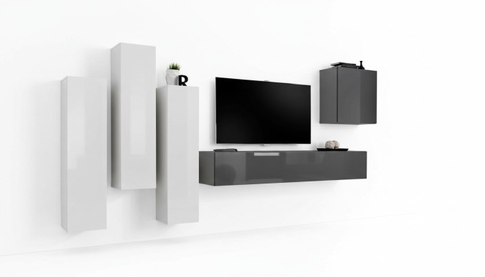 Garnitur Wohnwand Komplett Wohnzimmer Grau Sideboard TV-Ständer Wandschrank