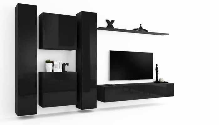 Schwarz Wohnwand TV Ständer Luxus Wohnzimmer Möbel Komplette Set 6 tlg Moderne