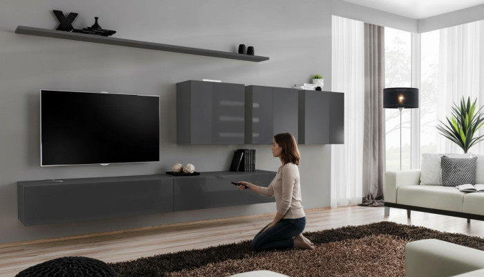 Moderní šedá stěna s TV stojanem designéra, komoda, dřevěný nábytek, skříň, zdi.