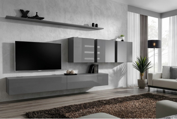 Moderní šedá stěna s TV stojanem designéra, komoda, dřevěný nábytek, skříň, zdi.