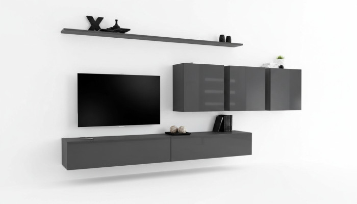 Moderní šedá stěna s TV stojanem designéra, komoda, dřevěný nábytek, skříň, zdi.