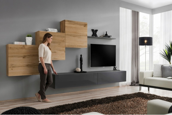 Designer Wohnzimmermöbel Wohnwand Grau TV Ständer Moderne Sideboard Wandregal