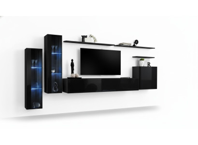 Schwarz Wohnwand Garnitur Wohnzimmer Wandregal Luxus Vitrine Komplett Set