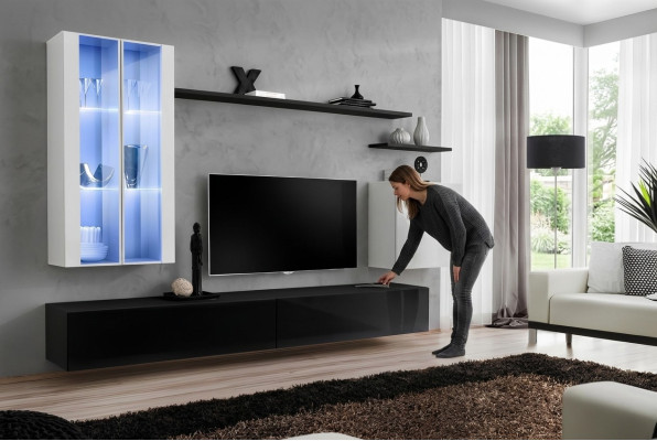 Obývací pokoj Černý TV stojan Designér Kompletní set Stěnná police Moderní Nový Nábytek
