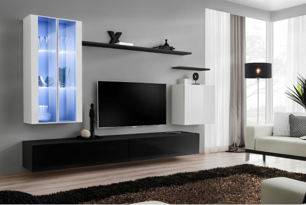 Obývací pokoj Černý TV stojan Designér Kompletní set Stěnná police Moderní Nový Nábytek