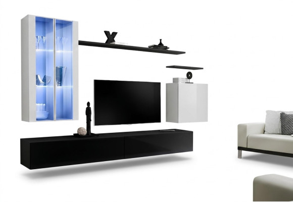 Obývací pokoj Černý TV stojan Designér Kompletní set Stěnná police Moderní Nový Nábytek