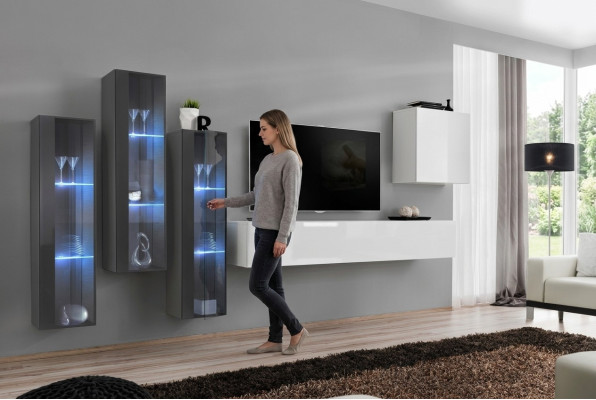 Nábytek do obývacího pokoje - sada skříní, designové sideboard, polička na stěnu, visací vitrína.