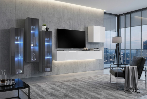 Nábytek do obývacího pokoje - sada skříní, designové sideboard, polička na stěnu, visací vitrína.