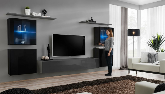 Obývací pokoj nábytek Set 7 kusů Designér Luxus Šedý Komoda Obývací stěna Nový